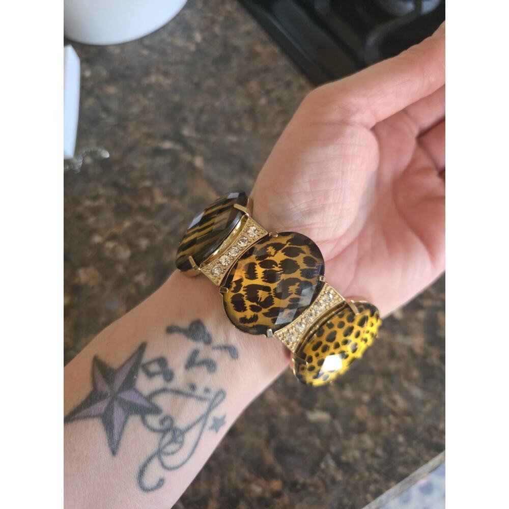 Leopard Print Gold Accents Bangle Bracelet Fashion Animal Theme Brown Black